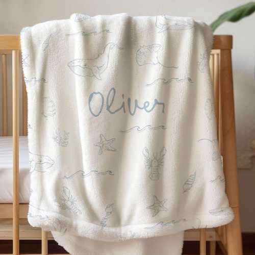 Personalized Blanket Ocean Theme Nursery Decor Baby Custom Name Blanket Boy Whale Nursery Crib Bedding Minimalistic Baby Blanket Sea Animal