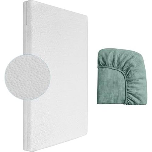 Mini Crib Mattress, 2-Stage Dual Firmness with High Density Support Foam and Cooling Gel Memory Form, 38 x 24inch Mini Mattress for Crib with Green Muslin Sheet for Replacement, White