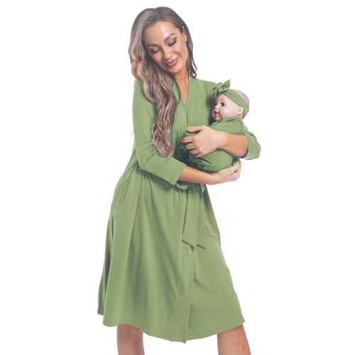 WINROLA Maternity Robe with Matching Swaddle Set Girls Boys, Mommy Me Robe Set Soft Elastic Women Robes