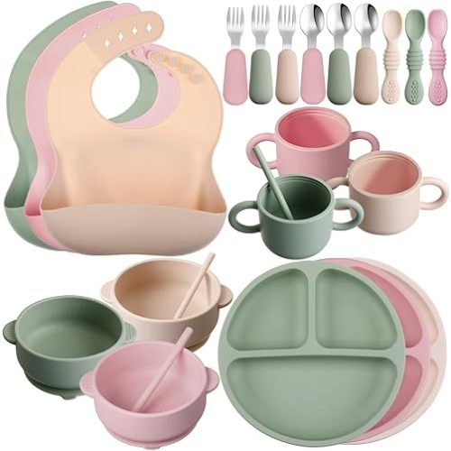 24 Pack Silicone Baby Feeding Set Baby Led Weaning Supplies Includes Suction Divided Plates Soft Bowl Spoons Forks Adjustable Bib Snack Cup and Straws for Baby (Dark Green, Beige, Light Pink)