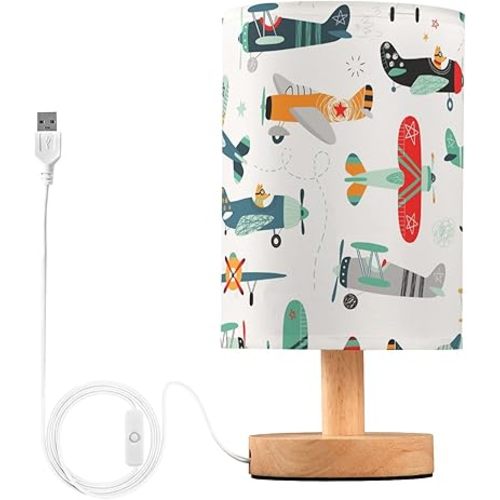 Joisal Cartoon Airplanes Print Table Lamp Night Stand, Button Switch, Toddler Lamps for Bedrooms for Boys, Little Lamps for Nightstand