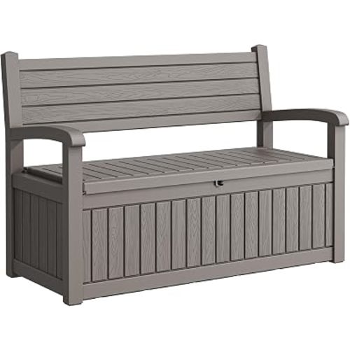 80 Gallon Lockable Deck Bench with Storage, Resin Stripes Outdoor Storage Box, Waterproof Outdoor Porch Bench for Patio Pool and Cushions Garden Tools, Grey