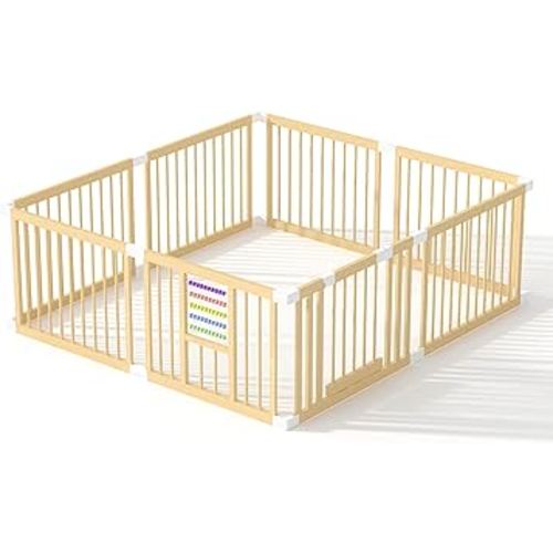 Baby Playpen with Gate, Wooden Playpen for Babies and Toddlers, Baby's Play Yard with Colorful Acrylic Beads, Baby Fence Play Area with Suction Cups, Extra Large Play Pen Area Indoor(79*71*24Inch)