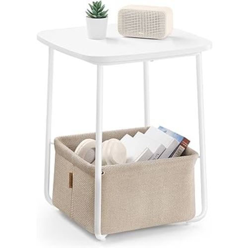 VASAGLE End Table, Side Table with Fabric Basket, Modern Nightstand, Square Bedside Table, for Living Room, Bedroom, Matte White and Camel Brown ULET229W10