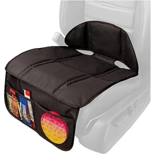 Lusso Gear Car Seat Protector for Baby Car Seat - Backless Mat - Thick Padding, 2 Mesh Storage Pockets, Waterproof, Protects Fabric or Leather Seats, Non-Slip Padded Backing (Black)
