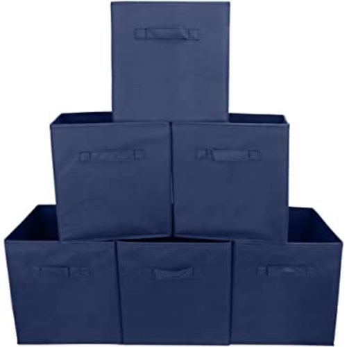 EZOWare Set of 6 Foldable Fabric Basket Bins, 10.5"x10.5"x11" Collapsible Storage Organizer Cube with Handle for Kids Clothes Baby Nursery Toys - Denim Blue