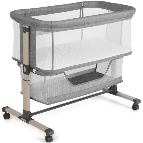 Cowiewie Bassinet Bedside Sleeper, Portable, Breathable, Adjustable Baby Bedside Bassinet, Grey