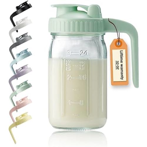 32oz Glass Pitcher with Lid & V-shaped Pour Spout - 1 Quart Breastmilk Pitcher Double Leak Proof, Creamer Container for Sun Tea, Juice, Cold Brew Coffee, Breastmilk Storage Container