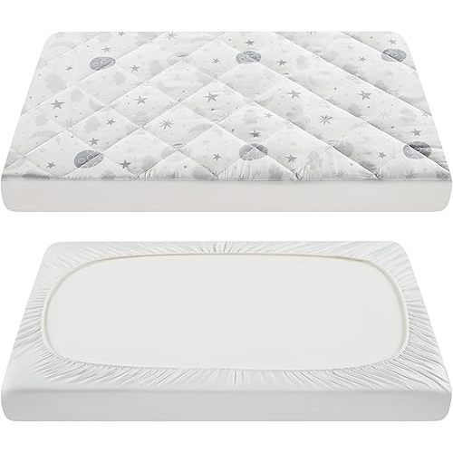 TILLYOU Pack and Play Sheets for Toddler Mattress, Mini Crib Sheets Fitted Up to 3" Deep, Breathable and Soft fit 39"x27", Starry Sky