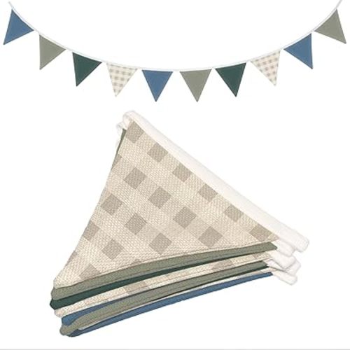 Boys Toddler Room Playroom Nursery Decor, Garland Triangle Banners Blue Grey,11Ft Vintage Warm Neutral Plaid Design Pennant Banner Bunting Flags Fabric for Baby Shower Birthday Party Wall Art