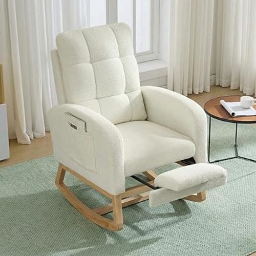 IDEALHOUSE Nursery Rocking Recliner Chair with Footrest, Teddy Upholstered Mid-Century Glider Rocker with High Back, Side Pocket & Sturdy Wood Legs for Living Room, Bedroom, Nursing Room, Teddy Beige