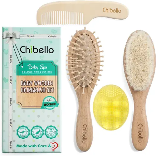 Chibello 4 Piece Wooden Baby Hair Brush and Comb Set Natural Goat Bristles Brush for Cradle Cap Treatment Wood Bristle Brush for Newborns and Toddlers Perfect for Baby Shower and Registry