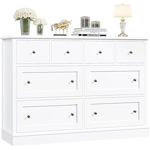 finetones White Dresser 8 Drawer Dresser, 47.2" White Chest of Drawers Nursery Dresser with Large Storage, Wood Dresser with Deep Drawers, Long Dressers & Chests of Drawers for Home Office