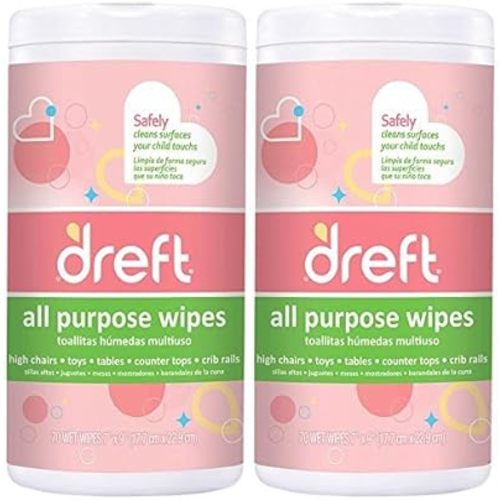 Dreft Multi-Surface All-Purpose Gentle Cleaning Wipes for Baby Toys, Car Seat, High Chair & More, 70 Count, Pack of 2