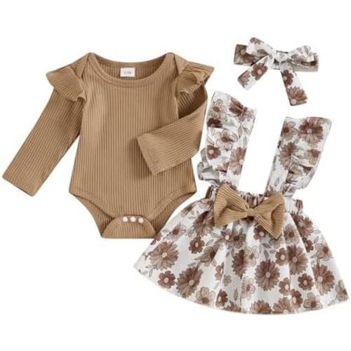 Madjtlqy Newborn Baby Girls Fall Winter Outfits Cute Ruffle Long Sleeve Ribbed Romper Top Bow Suspender Skirt With Headband