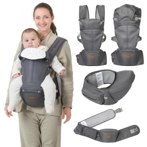 BabbleRoo Baby Carrier for Newborn to Toddler with Hip Seat and Lumbar Support, Ergonomic & Adjustable with Sunshade 6 in 1, Gray