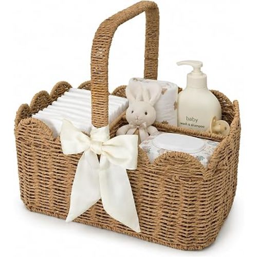 Diaper Caddy Organizer, Paper Rope Storage Baskets Nursery Bin with Removable Divider, Portable Car Organizer for Diapers, Baby Shower Gifts, Newborn Essentials Must Haves (Single Handle)