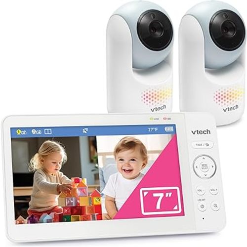 VTech Baby Monitor No WiFi, 2 Cameras, 7" Split IPS Screen, 5000mAh 12Hr Battery, 360° Pan Tilt Zoom, Night Vision, Night Light| Advanced Max Twin Blue