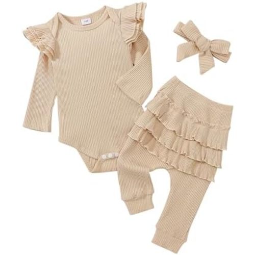 Baby Girl Clothes Newborn Romper Long Sleeve Infant Outfits 3Pcs Ruffle Tops + Pants + Headband
