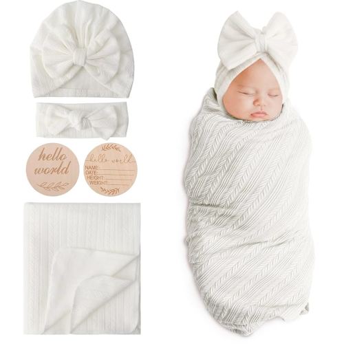 DRESHOW BQUBO Baby Swaddle Blankets for Girls, 4PCS Newborn Accessories Set with Matching Hat and Bow Headband with Hello World Wooden Birth Announcement Card, Baby Blankets for Girls (White)