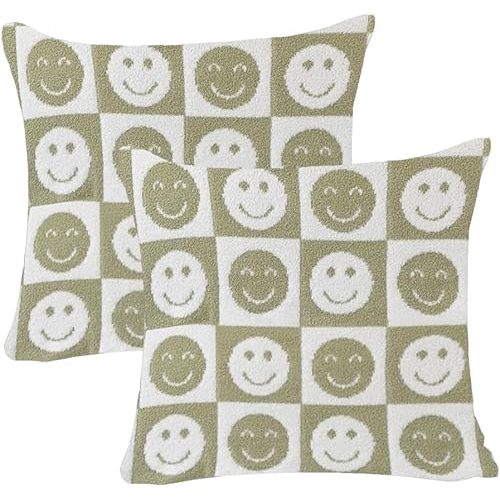 NIDITW Set of 2 Ultra Soft Smiling Face Checkerboard Throw Pillow Cover Microfiber Chessboard Gingham Square Cushion Case Cozy Fluffy Checkered Knit Pillowcase for Sofa Couch 18x18 Inches (Green)