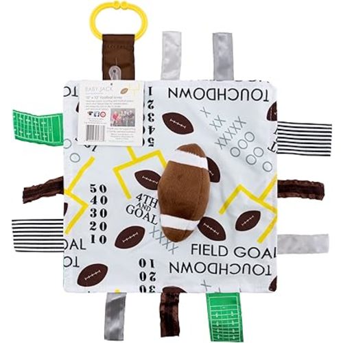 Baby Jack & Co 10x10” Football Sports Lovey Sensory Plush Blanket - Tag Toys for Babies - Baby Stroller Toys - Learn Shapes, Letters & Colors - MVP Baby Ball Toy & Baby Sports Gift