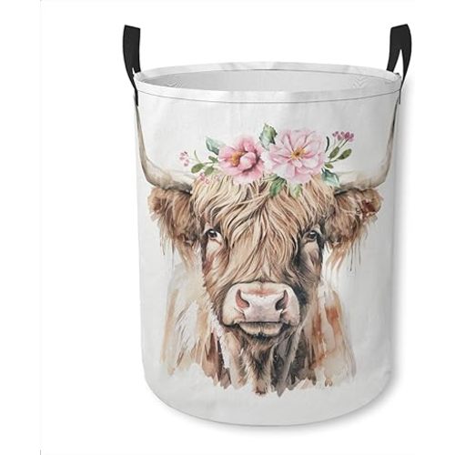 Laundry Basket Pink Floral Highland Cow Collapsible Laundry Hamper with Handles Clothes Storage Bin for Household Bedroom Bathroom College Dorms