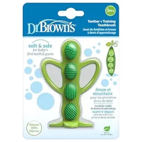 Dr. Brown's Peapod Teether + Training Toothbrush, Help Soothe Baby's Sore Gums, Soft 100% Silicone, BPA Free, 3m+