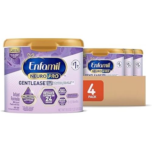 Enfamil NeuroPro Gentlease Baby Formula, Infant Formula Nutrition, Brain Support that has DHA, HuMO6 Immune Blend, Designed to Reduce Fussiness, Crying, Gas & Spit-up in 24 Hrs, has Prebiotics to Promote Softer Stools, Reusable Tubs, 19.5 Oz, (Pack of 4)
