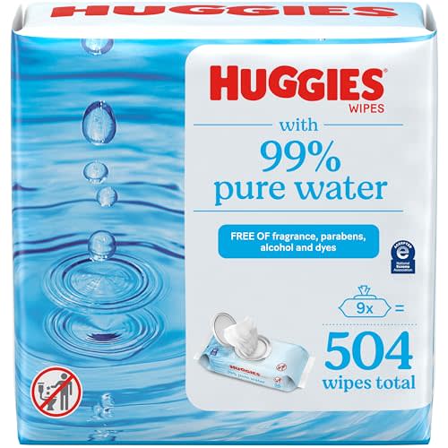 Huggies 99% Pure Water Baby Wipes, Unscented, 9 flip-top packs (3 Packs of 3), 504 Wipes Total, Packaging May Vary