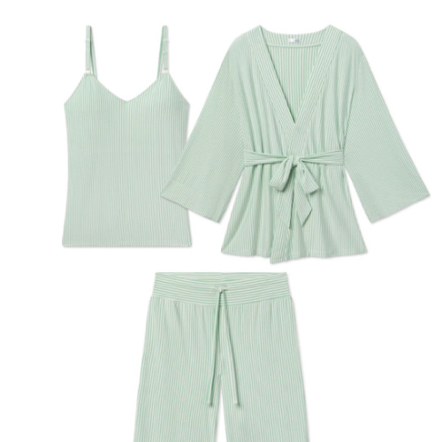 LAKE | Women | DreamModal Pajamas | Parisian Green Pencil Stripe Maternity Kimono Bundle