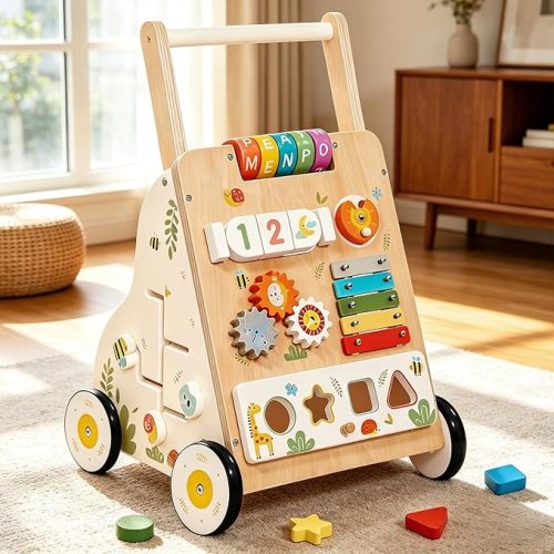 Wooden Baby Walker with Wheels, Baby Push Walker Adjustable Speed for Boys and Girls,Montessori Activity Center Walking Toys for 1 Year Old Learning to Walk,First Birthday Gift