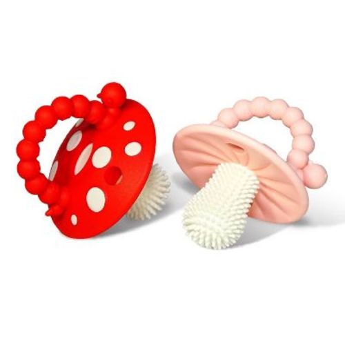 RaZbaby Chompy Mushroom Teether Pacifiers 3m+ - 2pk - Red/Pink
