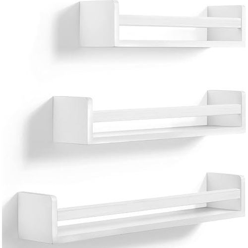 White Floating Bookshelf 3 Pack for Nursery Decor Wall Mount Book Shelves for Kids Room Toddlers Toys 24 Inch Usable in Home, Kitchen, Bathroom, Floating Wall Ledge for Nursery (White)