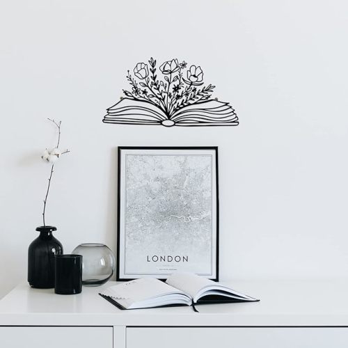 14 x 7 Inches Reading Sign Decor Book Lovers Teacher Gift Black Metal Book Flower Wall Art for Library,Reading Room,Living room or Bedroom - flower book