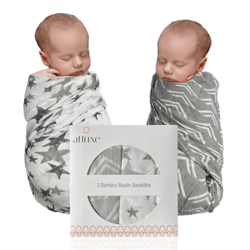 Atluxe Soft Breathable Muslin Swaddle. Bamboo-Cotton Fabric. 2 Pack. (Gray)