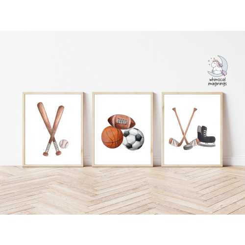 Watercolour Sports Print Set | Hockey Football Basketball and Baseball Wall Art | Sports Wall Decor