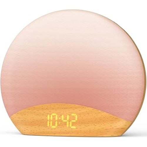 HOUSBAY Wood Grain Sunrise Alarm Clock- Natural Wake Up Light, FM Radio, Bluetooth Speaker, Dimmable Nightlight & Display- Soothing Morning Routines