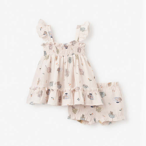 Tea Party Organic Muslin Smocked Dress w/ Bloomer PINK / 3-6M