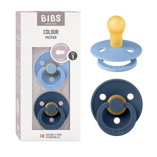 BIBS Colour Baby Pacifier 2-Pack | Made in Denmark | BPA Free Dummy Soother, Round Nipple. Natural Rubber Latex, Size 1 (0-6 Months), Sky Blue / Steel Blue
