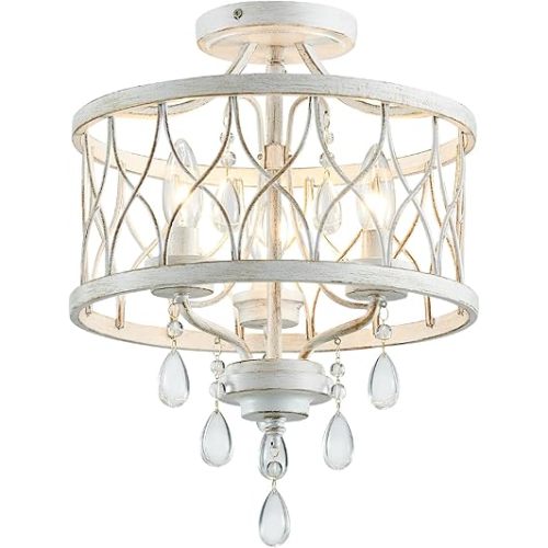 Farmhouse Crystal Ceiling Light Fixture, 3-Light Semi Flush Mount Crystal Chandelier Light Fixture Rustic Vintage White Pendant Ceiling Lamp for Hallway Corridor Kitchen Entryway Bedroom Living Room