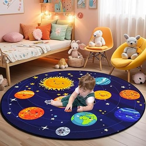 Boshengya Round Space Rug for Kids Room 40x40'' Solar System Circle Rugs for Bedroom Kids Rugs for Playroom Boys Space Planet Theme Rug Living Room Dining Room Decor