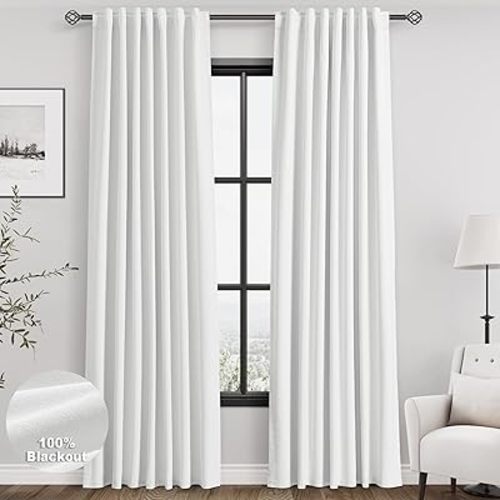 Full Blackout Linen White Curtains 90 Inches Long for Living Room Patio Sliding Door Back Tab 100% Black Out Bedroom Curtains Bright White Boho Elegant Modern Cosatal Window Curtain Panels Set of 2