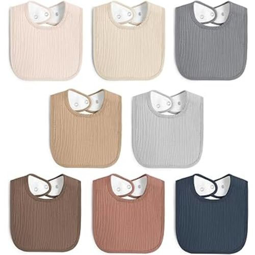 8 Pack Muslin 100% Cotton Baby Bibs for Unisex, Soft and Absorbent Gender Neutral Set for Feeding and Drooling
