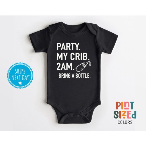 Party At My Crib Onesie® - Funny Party Baby Bodysuit - Funny Unisex Baby Gift - Black