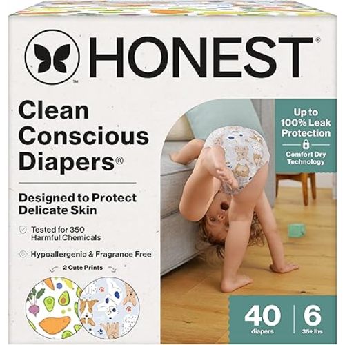 The Honest Company Clean Conscious Diapers for Sensitive Skin | Up to 100% Leakproof | Hypoallergenic, Fragrance Free | Gender Neutral | Club Box, Size 6 (35+ lbs), 40 Count (Prints May Vary)