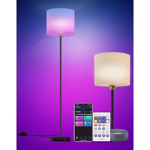Floor lamp for living Room Compatible with Alexa & Google, White Linen Lamp Shade LED Bright Tall Standing Smart Floor Lamp with Remote for Bedroom Office, Modern Color Changing Dimmable WiFi Light.