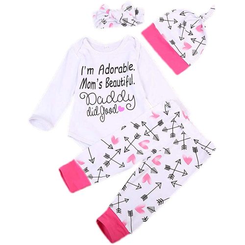 Newborn Infant Baby Girls Clothes Long Sleeve Letter Romper Arrow Heart Pants Hats Headband 4Pcs Outfits Set
