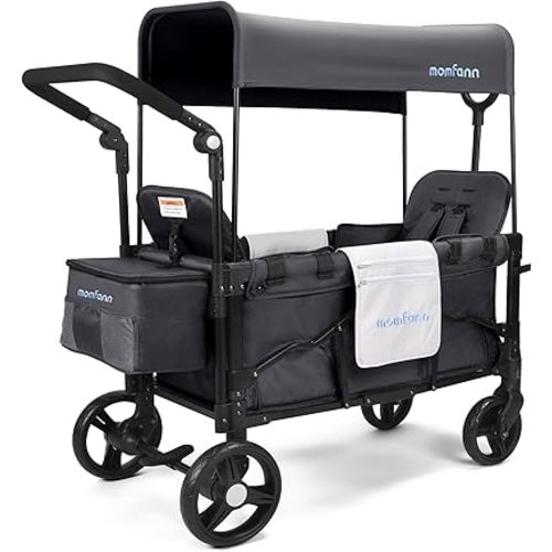 Double-Seater Baby Wagon with Canopy, Push Pull Stroller with Adjustable Handle, Wagon Stroller for 2 Kids & Outdoor Adventures (Dark Grey)
