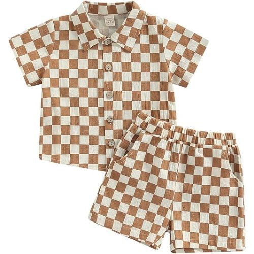 Toddler Baby Boy Short Sleeve Button Down Lapel Shirt Tops Casual Shorts Checkboard Print Summer Outfit Set